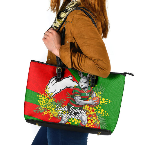 South Sydney Rabbitohs Leather Tote Bag Golden Wattle Floral Polynesian - Australian Flower - Rugby Mascot