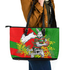 South Sydney Rabbitohs Leather Tote Bag Golden Wattle Floral Polynesian - Australian Flower - Rugby Mascot