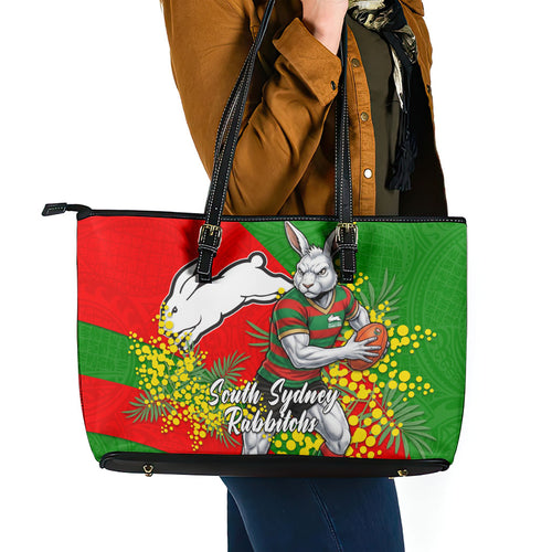 South Sydney Rabbitohs Leather Tote Bag Golden Wattle Floral Polynesian - Australian Flower - Rugby Mascot