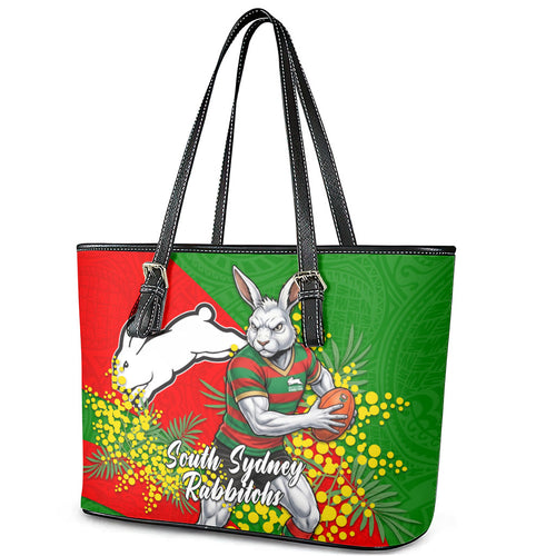 South Sydney Rabbitohs Leather Tote Bag Golden Wattle Floral Polynesian - Australian Flower - Rugby Mascot