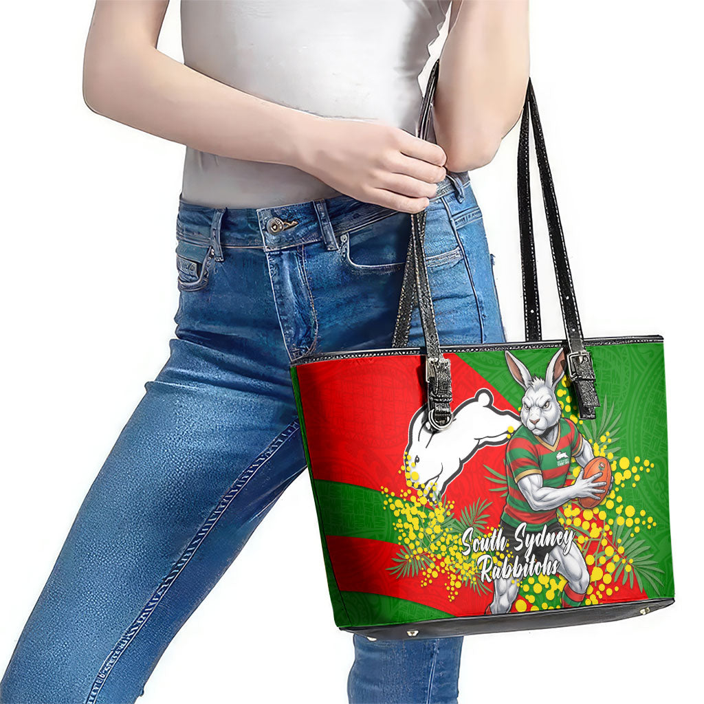 South Sydney Rabbitohs Leather Tote Bag Golden Wattle Floral Polynesian - Australian Flower - Rugby Mascot