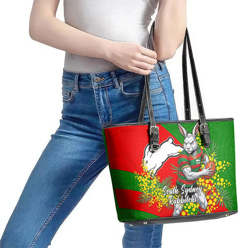 South Sydney Rabbitohs Leather Tote Bag Golden Wattle Floral Polynesian - Australian Flower - Rugby Mascot