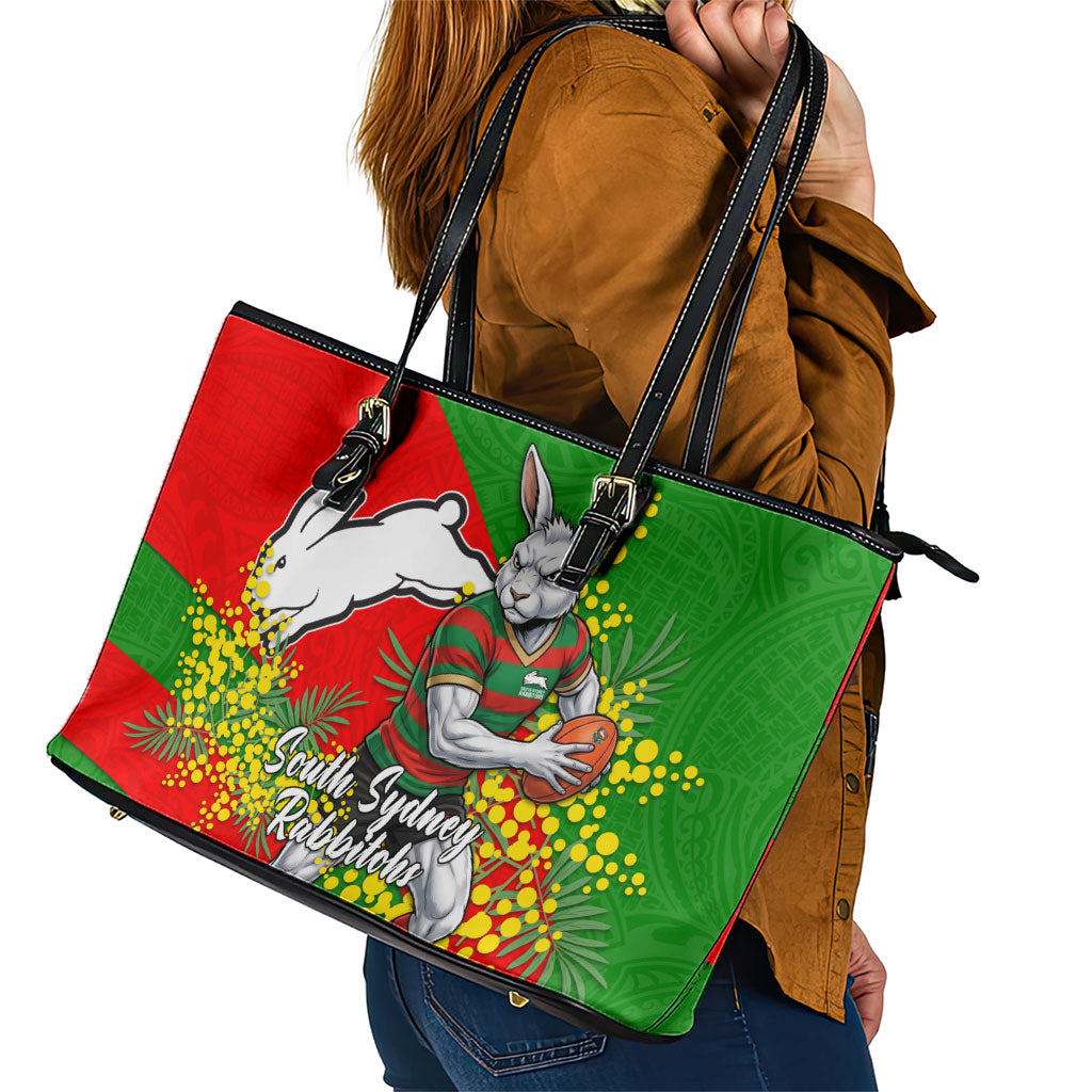 South Sydney Rabbitohs Leather Tote Bag Golden Wattle Floral Polynesian - Australian Flower - Rugby Mascot