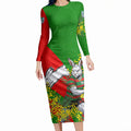 South Sydney Rabbitohs Long Sleeve Bodycon Dress Golden Wattle Floral Polynesian - Australian Flower - Rugby Mascot