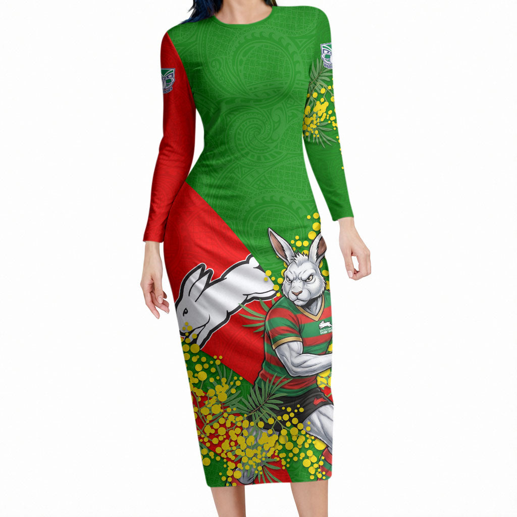 South Sydney Rabbitohs Long Sleeve Bodycon Dress Golden Wattle Floral Polynesian - Australian Flower - Rugby Mascot