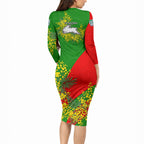 South Sydney Rabbitohs Long Sleeve Bodycon Dress Golden Wattle Floral Polynesian - Australian Flower - Rugby Mascot