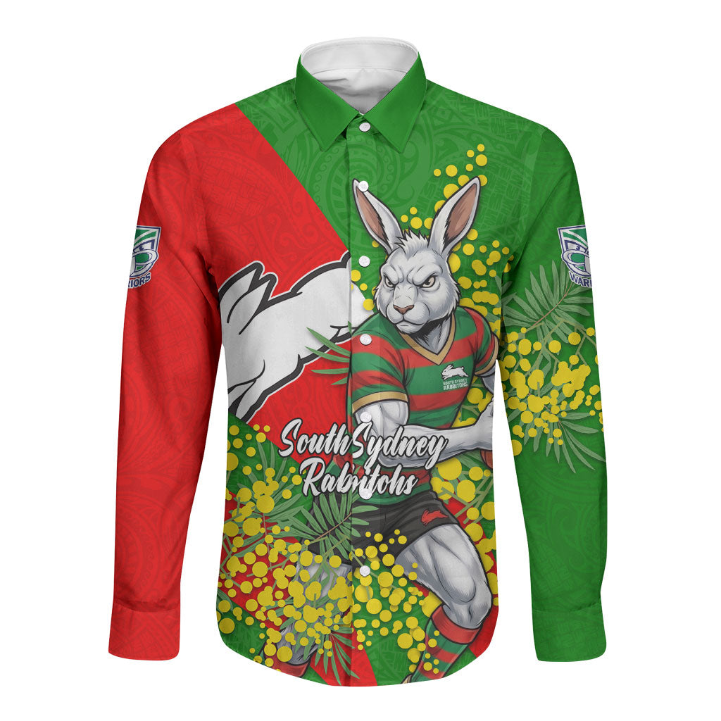 South Sydney Rabbitohs Long Sleeve Button Shirt Golden Wattle Floral Polynesian - Australian Flower - Rugby Mascot