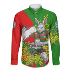 South Sydney Rabbitohs Long Sleeve Button Shirt Golden Wattle Floral Polynesian - Australian Flower - Rugby Mascot