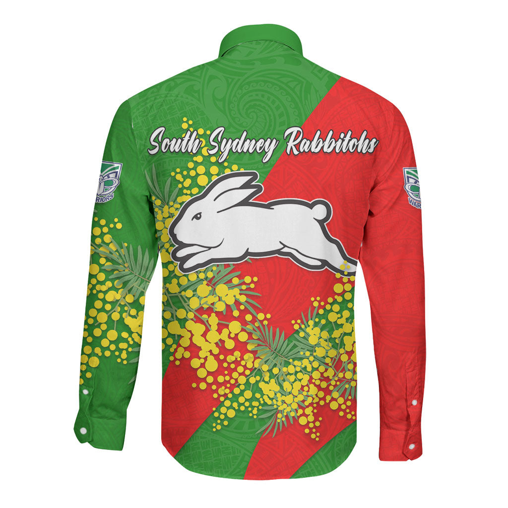 South Sydney Rabbitohs Long Sleeve Button Shirt Golden Wattle Floral Polynesian - Australian Flower - Rugby Mascot