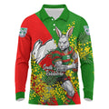 South Sydney Rabbitohs Long Sleeve Polo Shirt Golden Wattle Floral Polynesian - Australian Flower - Rugby Mascot