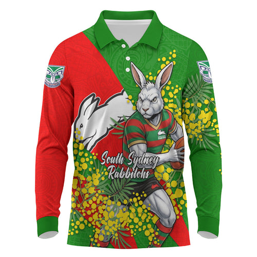 South Sydney Rabbitohs Long Sleeve Polo Shirt Golden Wattle Floral Polynesian - Australian Flower - Rugby Mascot