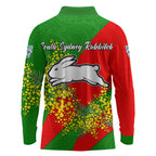 South Sydney Rabbitohs Long Sleeve Polo Shirt Golden Wattle Floral Polynesian - Australian Flower - Rugby Mascot