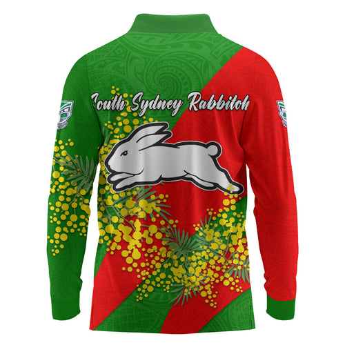 South Sydney Rabbitohs Long Sleeve Polo Shirt Golden Wattle Floral Polynesian - Australian Flower - Rugby Mascot