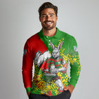 South Sydney Rabbitohs Long Sleeve Polo Shirt Golden Wattle Floral Polynesian - Australian Flower - Rugby Mascot