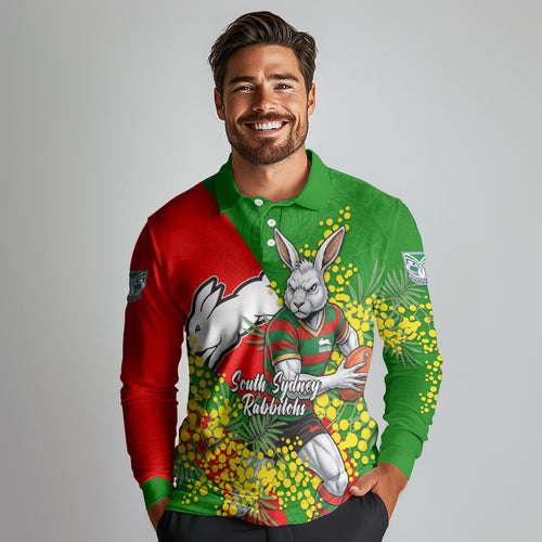 South Sydney Rabbitohs Long Sleeve Polo Shirt Golden Wattle Floral Polynesian - Australian Flower - Rugby Mascot