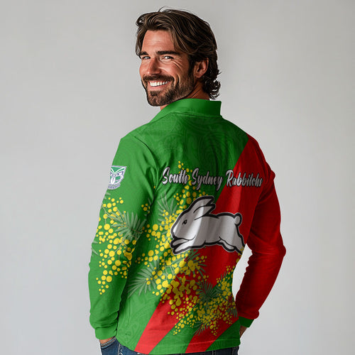 South Sydney Rabbitohs Long Sleeve Polo Shirt Golden Wattle Floral Polynesian - Australian Flower - Rugby Mascot