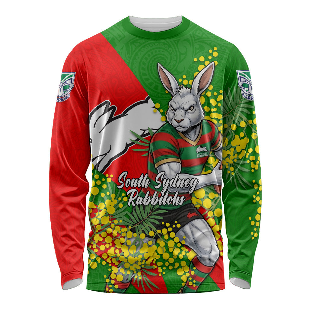 South Sydney Rabbitohs Long Sleeve Shirt Golden Wattle Floral Polynesian - Australian Flower - Rugby Mascot