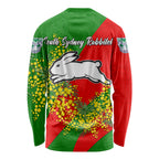 South Sydney Rabbitohs Long Sleeve Shirt Golden Wattle Floral Polynesian - Australian Flower - Rugby Mascot