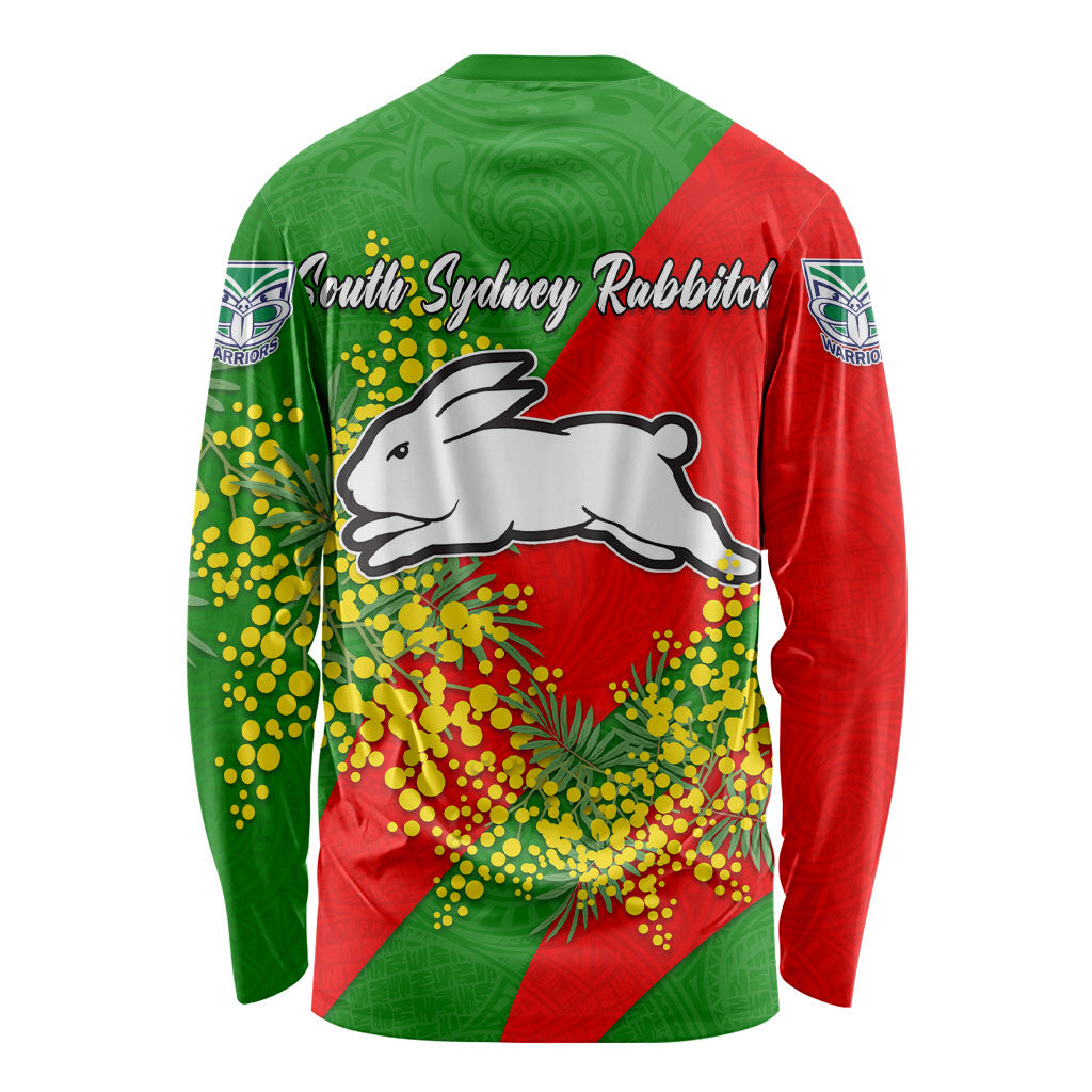 South Sydney Rabbitohs Long Sleeve Shirt Golden Wattle Floral Polynesian - Australian Flower - Rugby Mascot