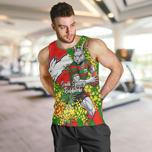South Sydney Rabbitohs Men Tank Top Golden Wattle Floral Polynesian - Australian Flower - Rugby Mascot