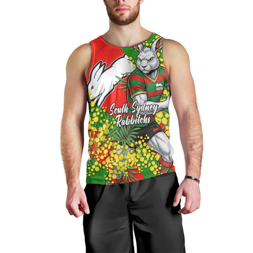 South Sydney Rabbitohs Men Tank Top Golden Wattle Floral Polynesian - Australian Flower - Rugby Mascot