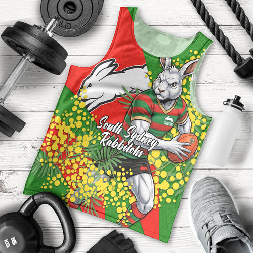 South Sydney Rabbitohs Men Tank Top Golden Wattle Floral Polynesian - Australian Flower - Rugby Mascot