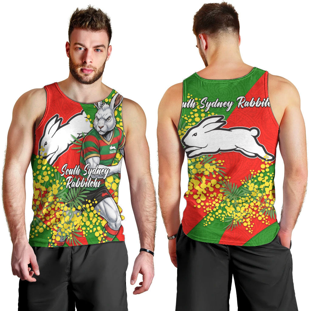 South Sydney Rabbitohs Men Tank Top Golden Wattle Floral Polynesian - Australian Flower - Rugby Mascot