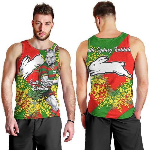 South Sydney Rabbitohs Men Tank Top Golden Wattle Floral Polynesian - Australian Flower - Rugby Mascot