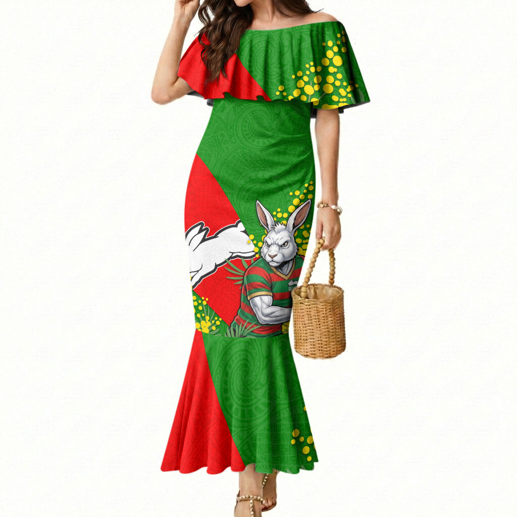 South Sydney Rabbitohs Mermaid Dress Golden Wattle Floral Polynesian - Australian Flower - Rugby Mascot