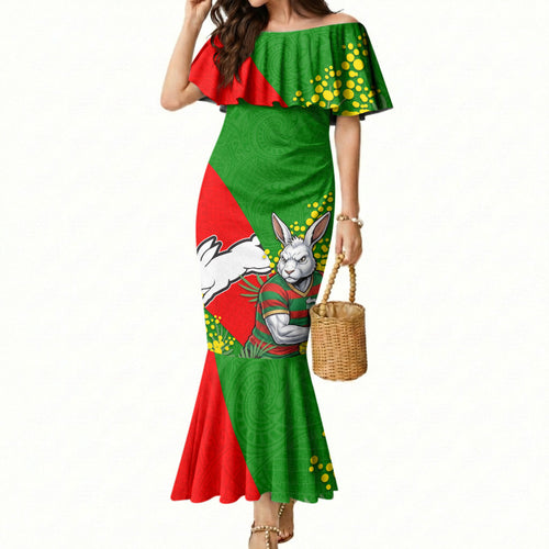 South Sydney Rabbitohs Mermaid Dress Golden Wattle Floral Polynesian - Australian Flower - Rugby Mascot