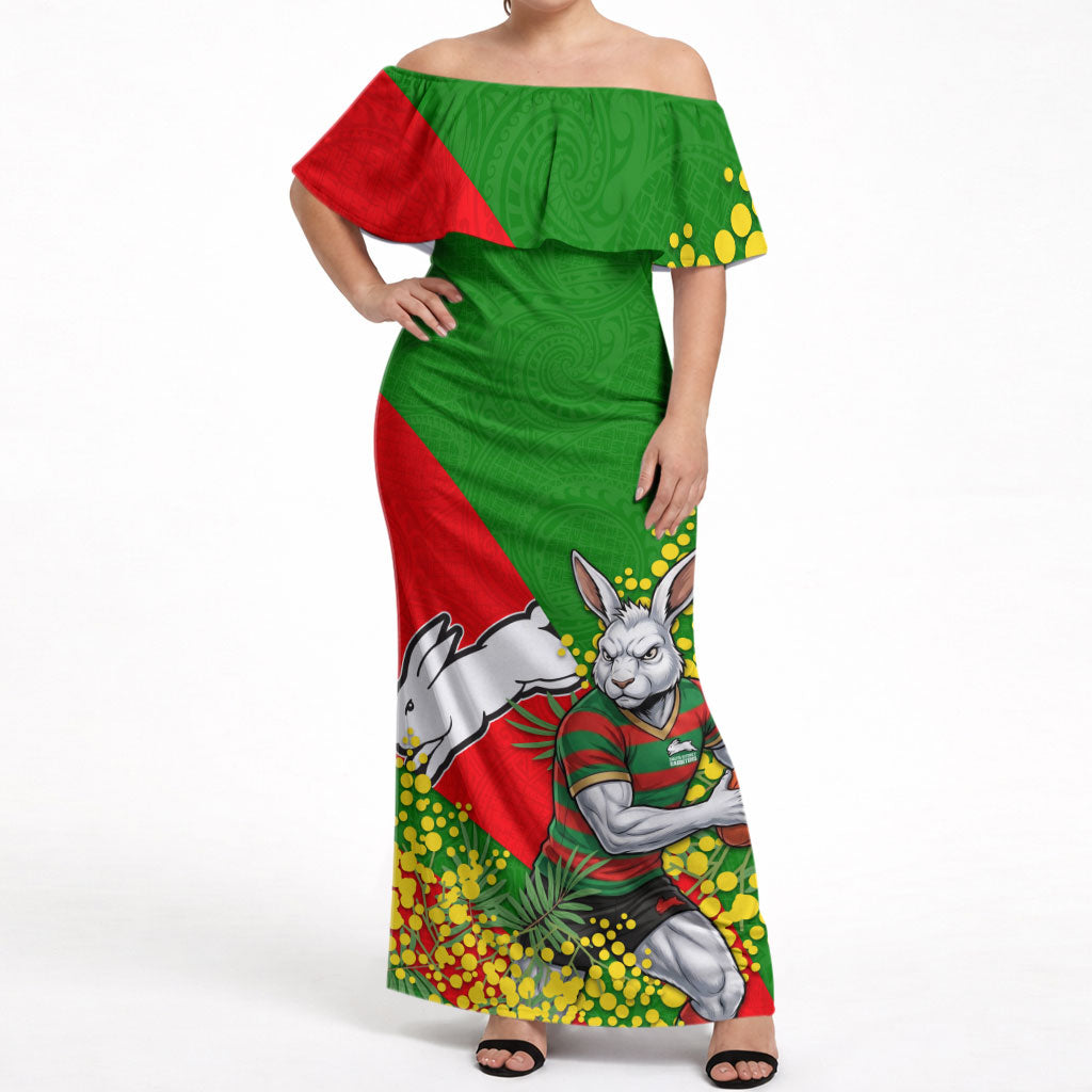 South Sydney Rabbitohs Off Shoulder Maxi Dress Golden Wattle Floral Polynesian - Australian Flower - Rugby Mascot