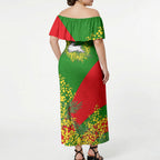 South Sydney Rabbitohs Off Shoulder Maxi Dress Golden Wattle Floral Polynesian - Australian Flower - Rugby Mascot