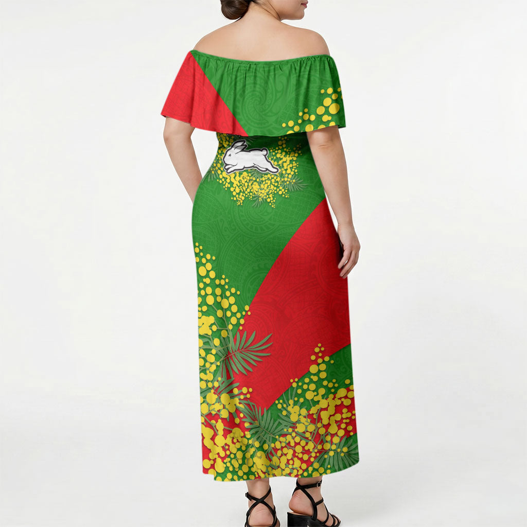 South Sydney Rabbitohs Off Shoulder Maxi Dress Golden Wattle Floral Polynesian - Australian Flower - Rugby Mascot