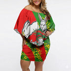 South Sydney Rabbitohs Off Shoulder Short Dress Golden Wattle Floral Polynesian - Australian Flower - Rugby Mascot