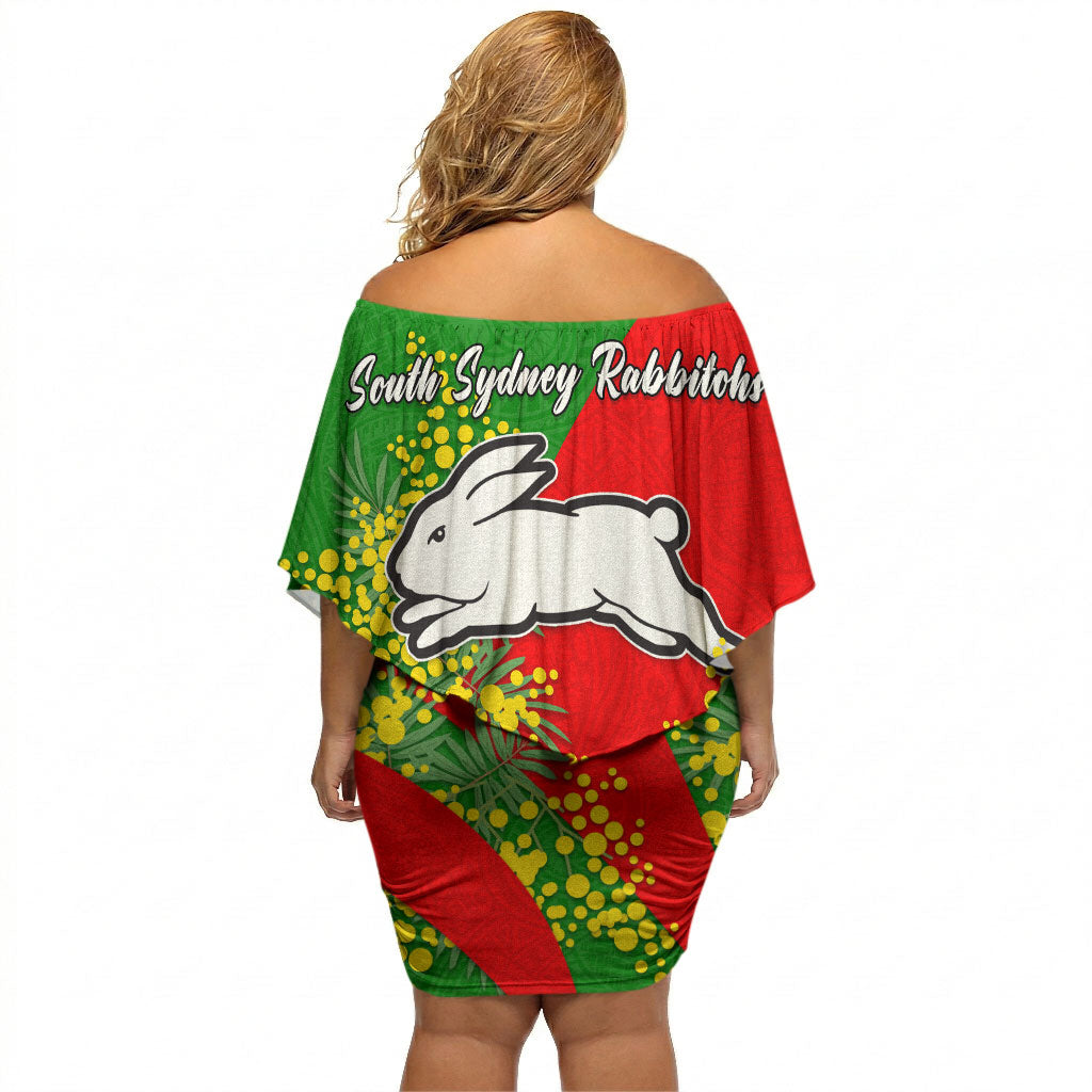 South Sydney Rabbitohs Off Shoulder Short Dress Golden Wattle Floral Polynesian - Australian Flower - Rugby Mascot