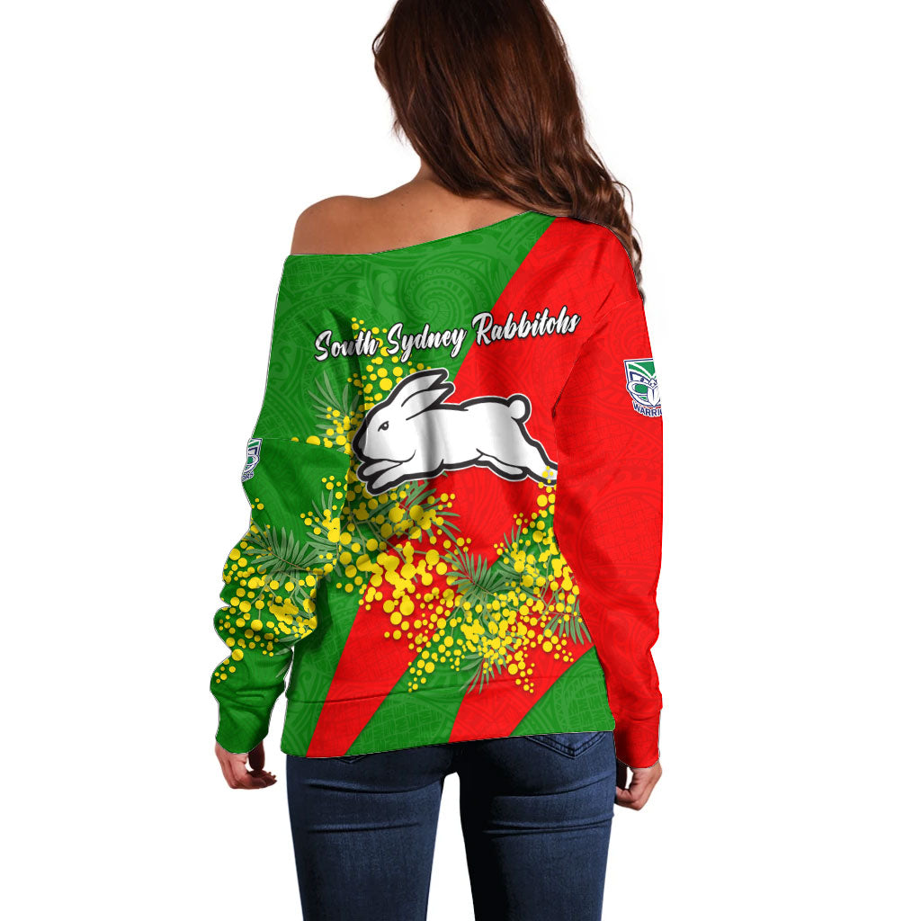 South Sydney Rabbitohs Off Shoulder Sweater Golden Wattle Floral Polynesian - Australian Flower - Rugby Mascot
