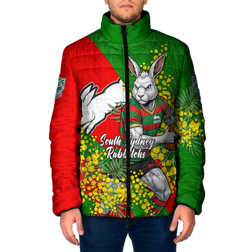 South Sydney Rabbitohs Padded Jacket Golden Wattle Floral Polynesian - Australian Flower - Rugby Mascot