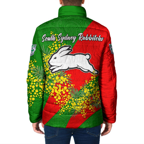 South Sydney Rabbitohs Padded Jacket Golden Wattle Floral Polynesian - Australian Flower - Rugby Mascot