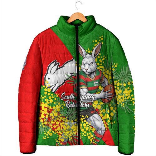 South Sydney Rabbitohs Padded Jacket Golden Wattle Floral Polynesian - Australian Flower - Rugby Mascot