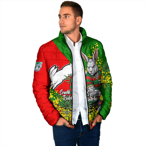 South Sydney Rabbitohs Padded Jacket Golden Wattle Floral Polynesian - Australian Flower - Rugby Mascot