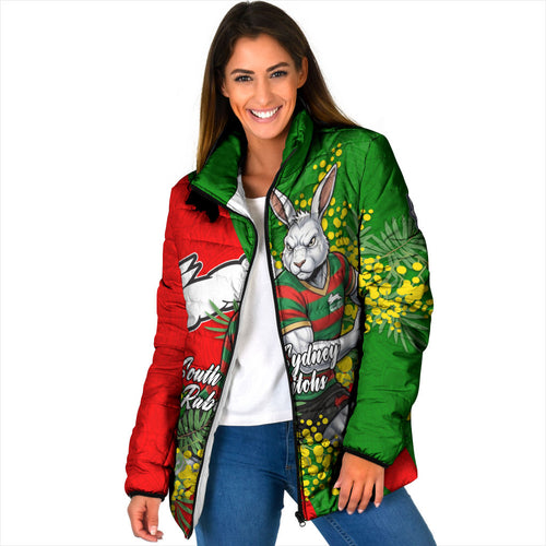 South Sydney Rabbitohs Padded Jacket Golden Wattle Floral Polynesian - Australian Flower - Rugby Mascot