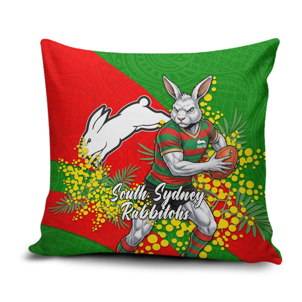 South Sydney Rabbitohs Pillow Cover Golden Wattle Floral Polynesian - Australian Flower - Rugby Mascot