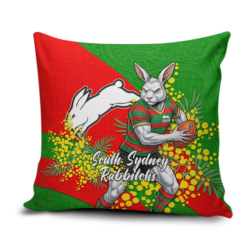 South Sydney Rabbitohs Pillow Cover Golden Wattle Floral Polynesian - Australian Flower - Rugby Mascot