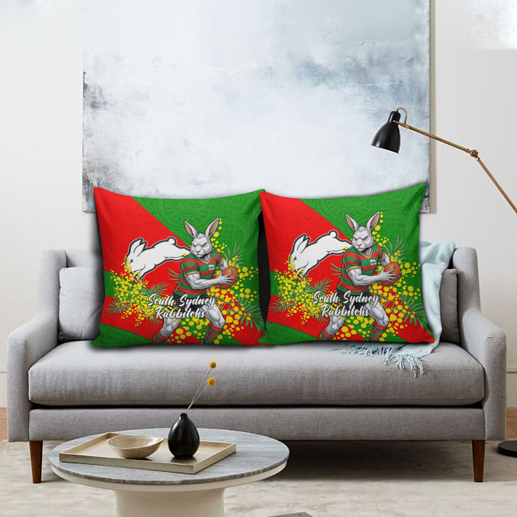South Sydney Rabbitohs Pillow Cover Golden Wattle Floral Polynesian - Australian Flower - Rugby Mascot