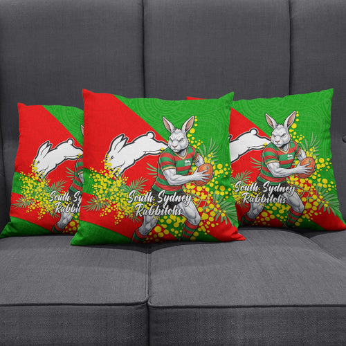 South Sydney Rabbitohs Pillow Cover Golden Wattle Floral Polynesian - Australian Flower - Rugby Mascot