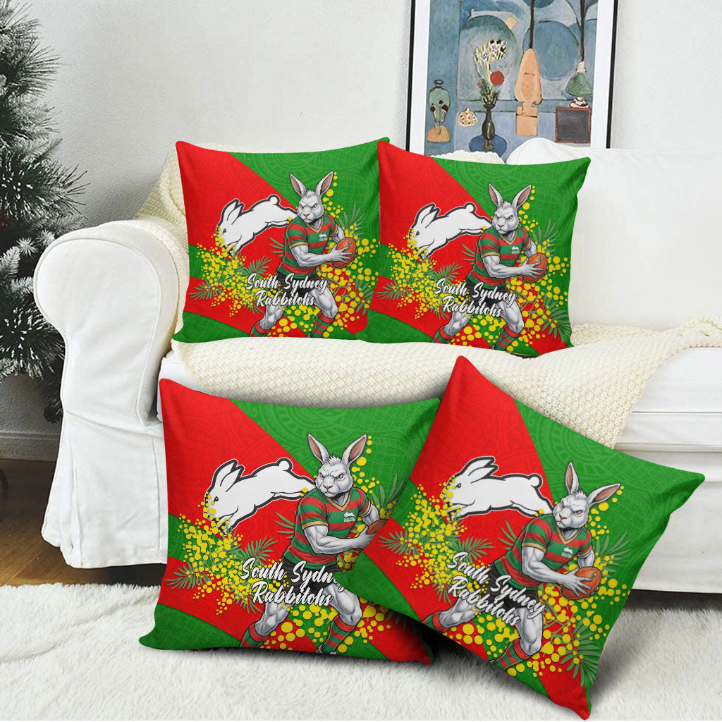 South Sydney Rabbitohs Pillow Cover Golden Wattle Floral Polynesian - Australian Flower - Rugby Mascot