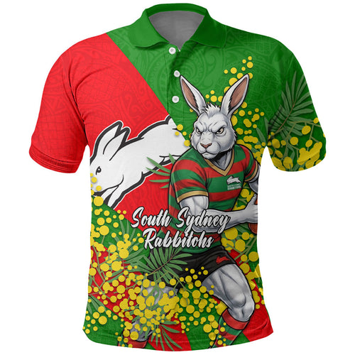 South Sydney Rabbitohs Polo Shirt Golden Wattle Floral Polynesian - Australian Flower - Rugby Mascot