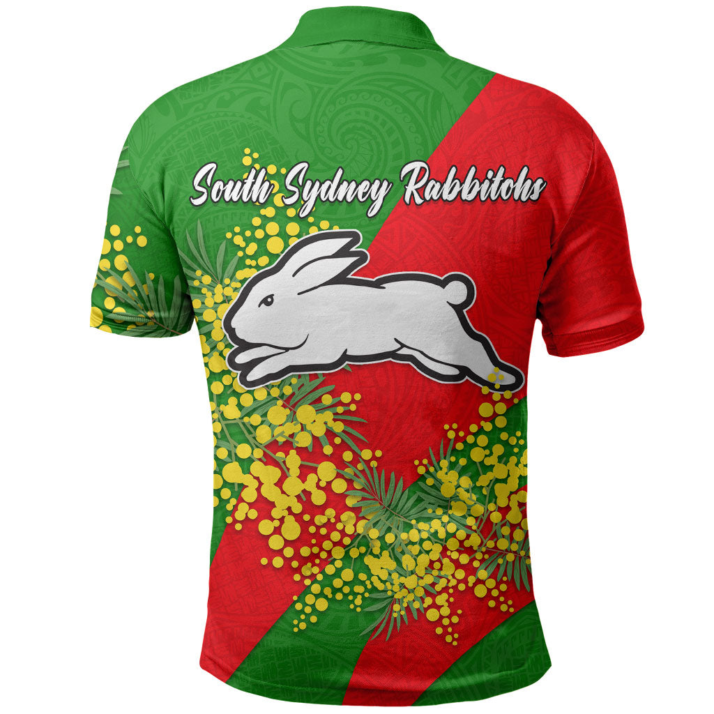 South Sydney Rabbitohs Polo Shirt Golden Wattle Floral Polynesian - Australian Flower - Rugby Mascot