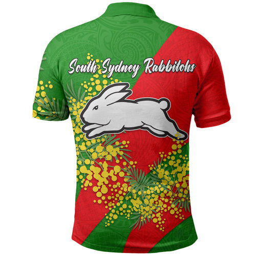 South Sydney Rabbitohs Polo Shirt Golden Wattle Floral Polynesian - Australian Flower - Rugby Mascot
