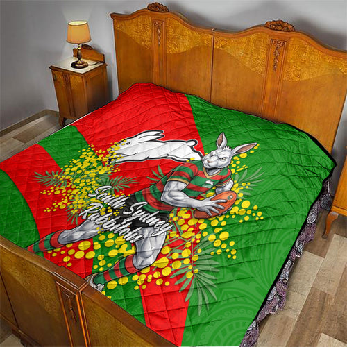 South Sydney Rabbitohs Quilt Golden Wattle Floral Polynesian - Australian Flower - Rugby Mascot